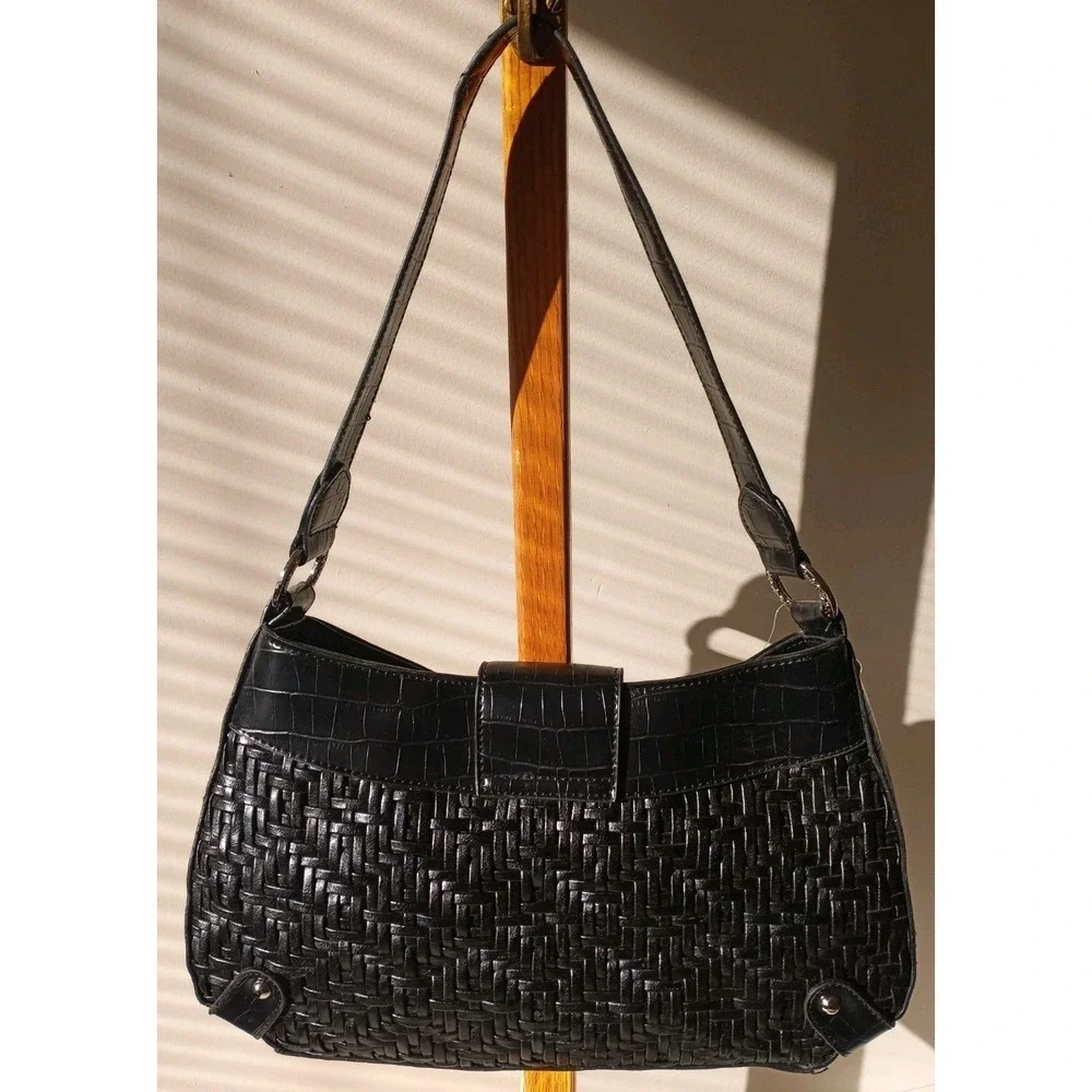 Coldwater Creek Alexis Woven Hobo Shoulder Bag In Black With Silver Accents New